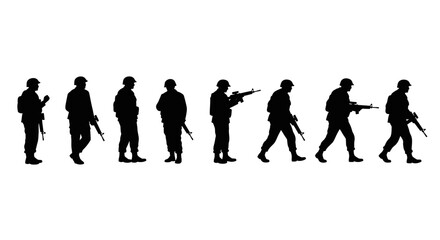 A silhouette of a line of soldiers marching with rifles in various poses representing military action and combat readiness a powerful visual statement of defense and security.