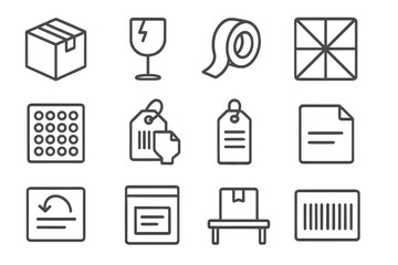 Packaging Icons Collection. Line style icons of packaging and labeling: cardboard box icon, fragile label, seal tape, package wrap