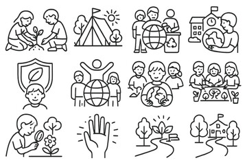 Youth Eco Icons. Line style icons of youth and sustainability: kids planting icon, eco camp icon, school recycling, green badge