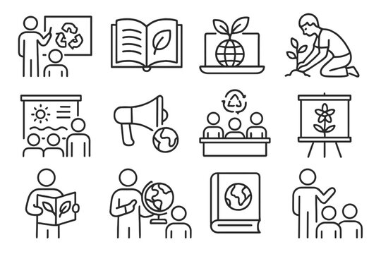 Eco Education Icons. Line style icons of environmental education: eco lesson, green curriculum icon, sustainability module,