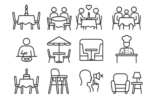 Dining Experience Icons. Line style icons of dining experiences: candlelight table, group dining icon, romantic dinner, family
