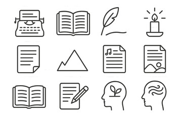 Creative Writing Icons. Line style icons of creative writing: typewriter icon, open notebook, ink quill, inspiration candle, draft