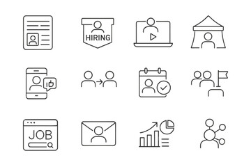 Talent Acquisition Icons. Line style icons of talent acquisition campaigns: job ad icon, hiring banner, recruitment video, career