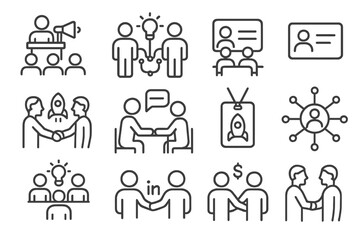 Startup Networking Icons. Line style icons of startup networking: pitch event, tech meetup icon, startup fair, business card icon,
