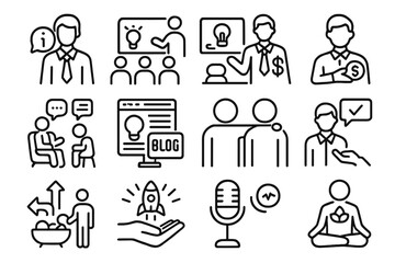 Startup Support Icons. Line style icons of startup support: advisor icon, mentor board, investor guide, founder therapy icon,