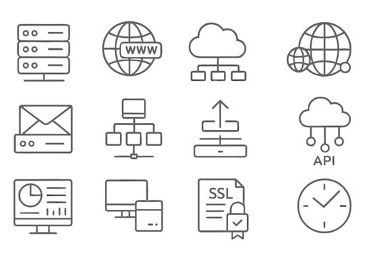 Internet Services Icons. Line style icons of internet services: web hosting icon, domain name icon, cloud service, CDN icon, email