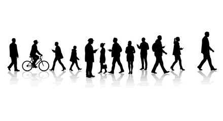 Diverse Group of Silhouetted Individuals Walking and Cycling in a Line with Reflections on a White Background Depicting Everyday Commute and Movement