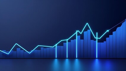 Futuristic glowing data visualization graph with neon light bars and line chart on dark background