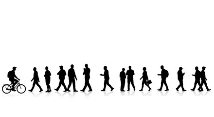 A diverse group of pedestrians and a cyclist are silhouetted against a white background showcasing a vibrant urban street scene