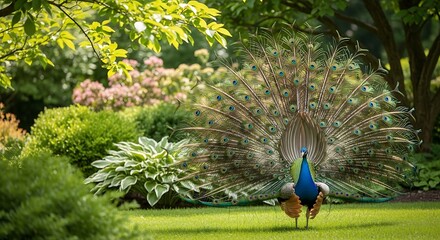 Obraz premium A vibrant peacock displays its colorful plumage in a lush, green garden setting.