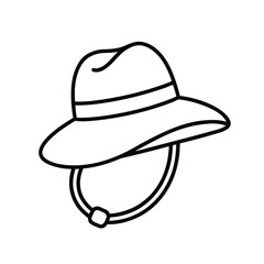 Minimalist Line Drawing of Wide-Brimmed Outdoor Hat with Chin Strap and Band in Monochrome Outline Style