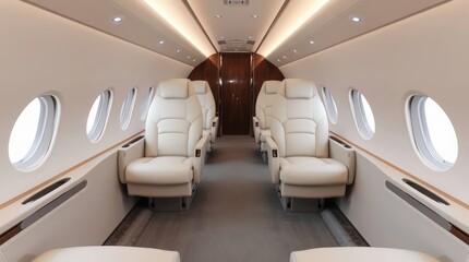 Obraz premium Luxury private jet interior with comfortable leather seats and elegant lighting