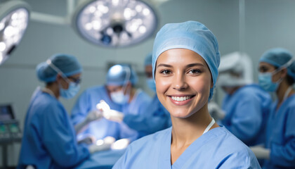 Smiling female surgeon in blue scrubs, cap, mask, gloves. Surgical team works in operating room with bright lights. Represents healthcare, medicine, expertise, dedication, teamwork, precision in
