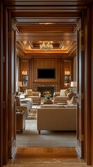 Luxurious, formal interior design of a grand library/living room.
