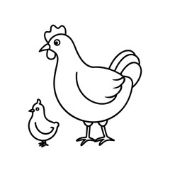 Minimalist Line Drawing of Adult Chicken and Chick in Monochrome Outline Style