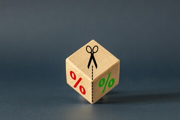 Interest rate cuts. Financial and business concept. Lower bank loan interest rates, money printing, export and import of products. Growing consumption. Copy space