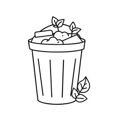 Minimalist Line Drawing of Trash Can with Organic Waste Including Fruits and Leaves in Monochrome Outline Style