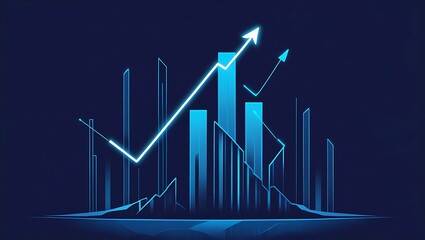 Futuristic glowing data visualization graph with neon light bars and line chart on dark background