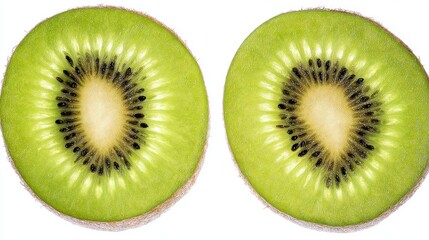 Fototapeta premium Fresh kiwi slices showcasing vibrant green flesh and tiny black seeds on white surface