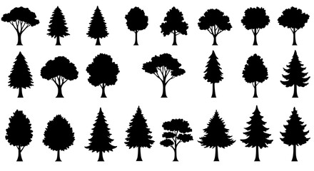 Collection of diverse deciduous and evergreen tree silhouettes illustrating various shapes and sizes for design and illustration purposes