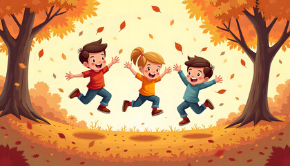 Fototapeta premium Three happy kids are jumping and playing in a colorful autumn scene with falling leaves.
