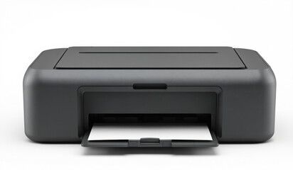Grey modern printer machine sits on white background, ready for operation. Features paper tray with white sheet inserted. Versatile office equipment for digital printing needs. Ideal for home