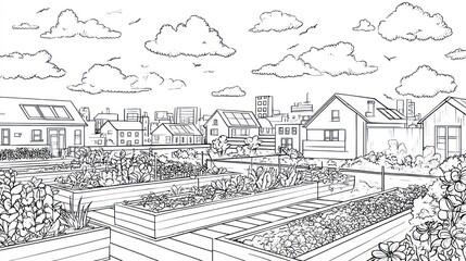 Obraz premium Urban rooftop garden scene. Sketch of raised beds filled with plants and flowers, on top of homes in a city, with a cloudy sky above