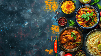 Assorted Indian flavors plated in rustic bowls with space for culinary branding or copy. space for text  Generative AI