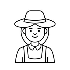 Minimalist Line Drawing of Smiling Farmer Wearing Wide-Brimmed Hat and Overalls in Monochrome Cartoon Style