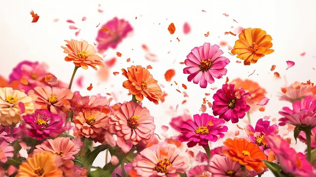 Sun-kissed zinnias fall like sparks and explode into peach and flamingo-colored pigments, dancing on an invisible wind above a white background. 