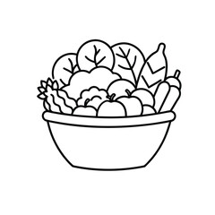 Minimalist Line Drawing of Bowl Filled with Fruits and Vegetables – Monochrome Healthy Food Illustration