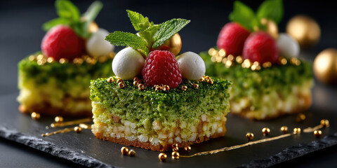 Elegant upside-down Christmas tree dessert made of matcha sponge and raspberry cream, decorated with edible pearls and gold leaf, served on black slate plate.