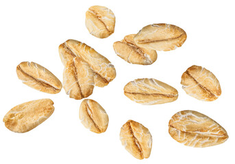 Levitating Oat flakes isolated on white background.Rolled oat flakes falling in the air. Flying oats Explosion. Pattern