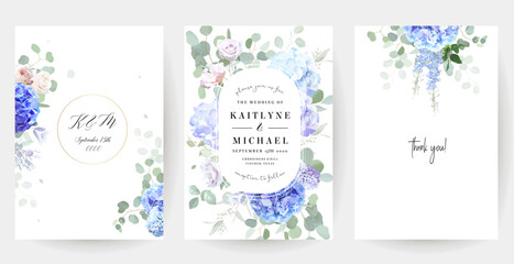 Bridgerton inspired pastel floral vector design frames. Blue delphinium, white peony, pink rose, magnolia, hyacinth, hydrangea, greenery and plants. All flowers and branches are isolated and movable. © lavendertime