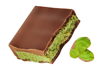 Flying Dubai Chocolate pieces isolated on white. Levitating Chocolate with pistachio paste and kadayif.  DubaiChocolate Top view. Flat lay.