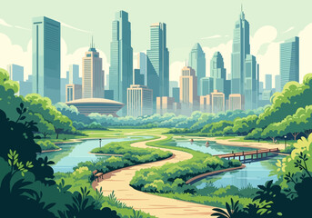 Naklejka premium Serene Urban Oasis with Winding Paths and Verdant Greenery Embracing a Picturesque Cityscape Under a Bright Sky