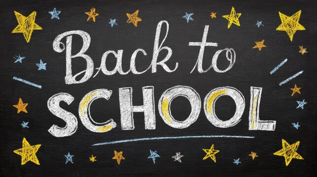 Chalk-Drawn 'Back to School' on Blackboard with Star-Cornered, Minimalist Cartoon Style