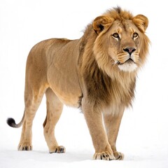 Majestic lion looking straight at camera, white background