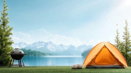 Serene lakeside camping scene with orange tent and grill
