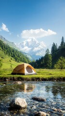 Serene camping scene by a mountain stream