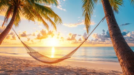 Serene beach hammock at sunset with palm trees