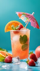 Refreshing summer cocktail with fruit and umbrella garnish