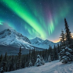 Northern lights over snowy mountains and pine forest, magical night sky scenery