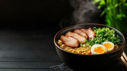 Delicious ramen bowl with tender pork and soft-boiled eggs