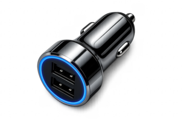 Dual USB car charger emitting blue light on transparent background