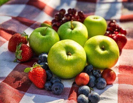 bright green apples and colorful berries arranged on a picnic blanket during a sunny afternoon