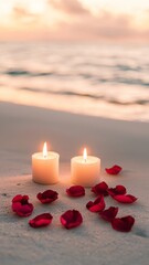 Romantic beach setting with candles and rose petals