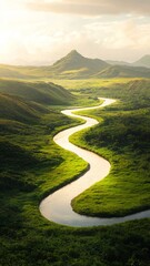 Serene winding river through lush green hills at sunset