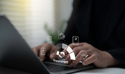Businessman typing on laptop with procurement icon handshake and contract invoice symbols representing purchasing process supplier management and business agreement concept in corporate operations