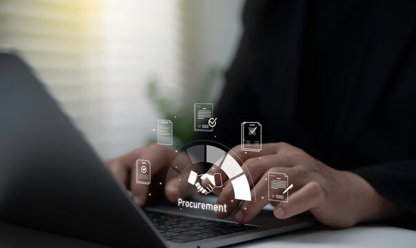 Businessman typing on laptop with procurement icon handshake and contract invoice symbols representing purchasing process supplier management and business agreement concept in corporate operations
